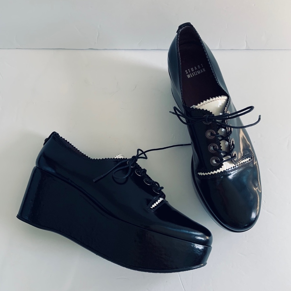 Stuart Weitzman Black White Tuxedo Glossy Chunky Platform Oxford